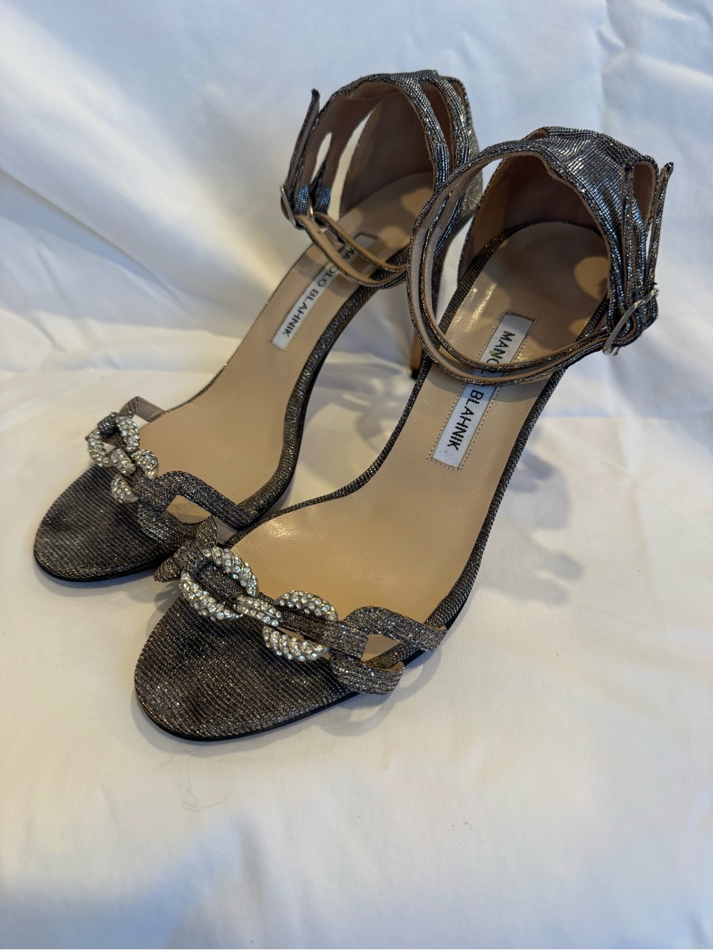 Manolo Blahnik Gunmetal Crystal Glitter Rhinestone ankle strap Open toe Heel